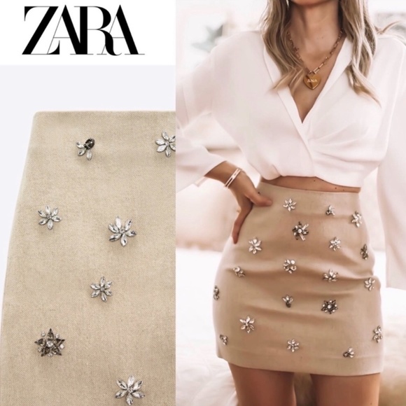 Zara Dresses & Skirts - Zara Jewel Trim Linen Blend Mini Skirt Small NWT